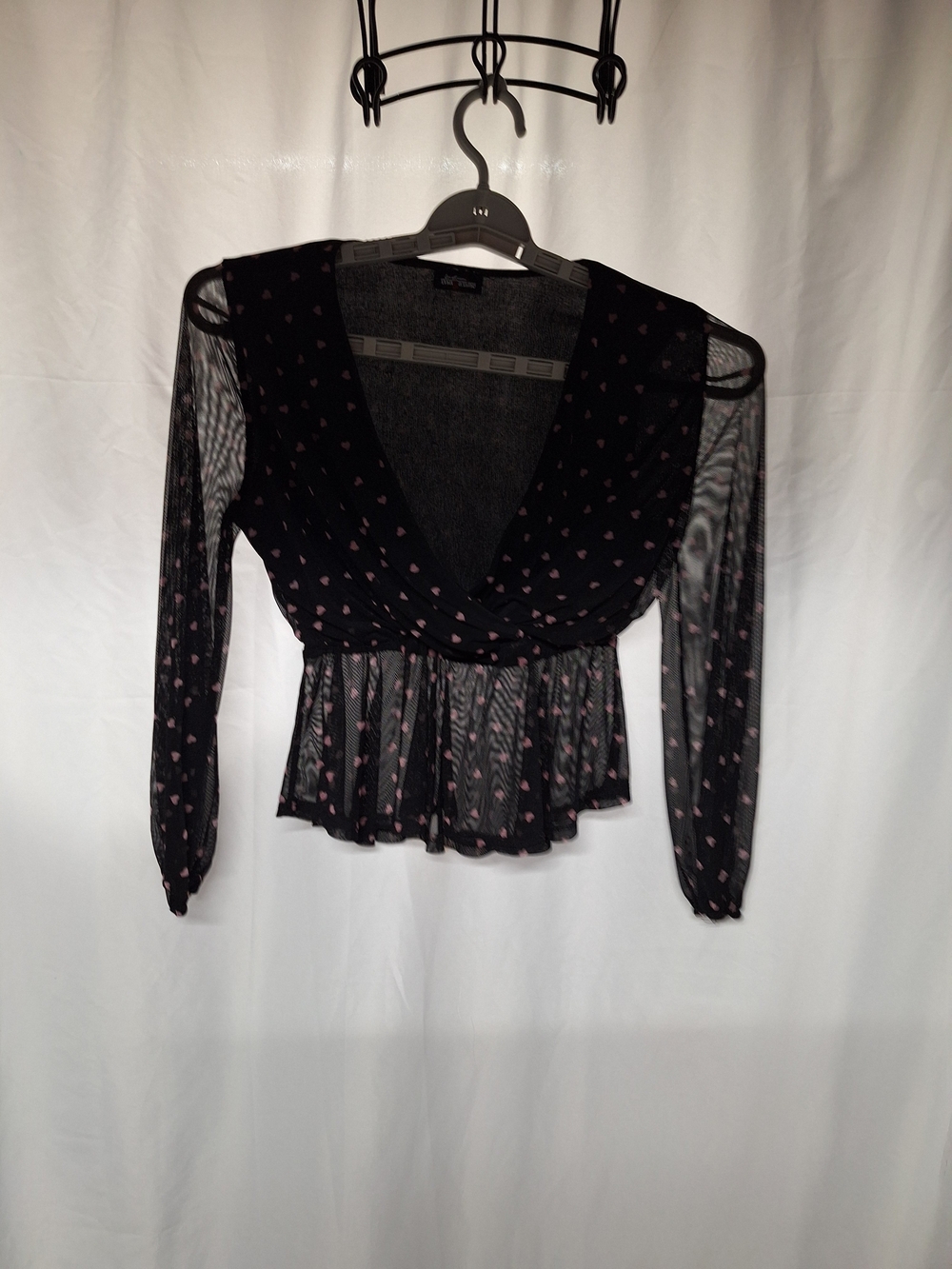 Sheer Black Wrap Peplum Blouse with Pink Heart Print